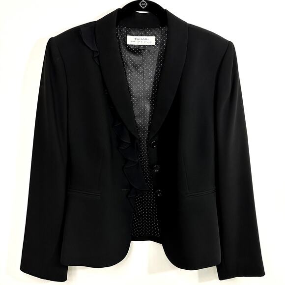 Tahari Arthur Levine Black Suit Jacket / Blazer 100% Silk Ruffle Detail Size 14 - Picture 6 of 16